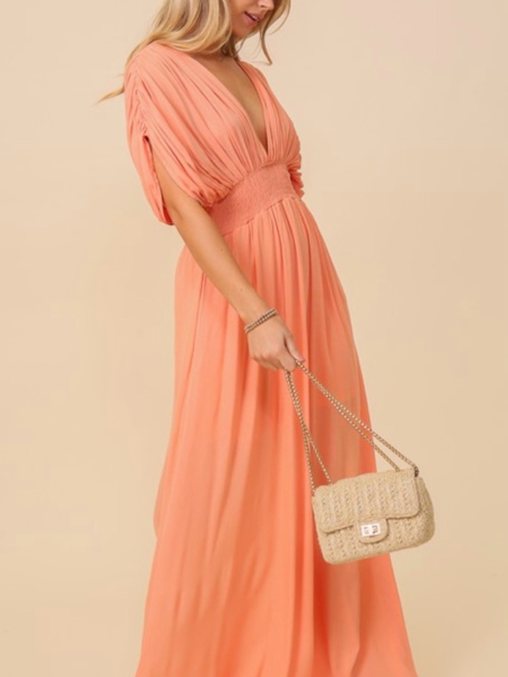 Timing Coral Pleated V-Neck Maxi Dress - Picture 7 of 12